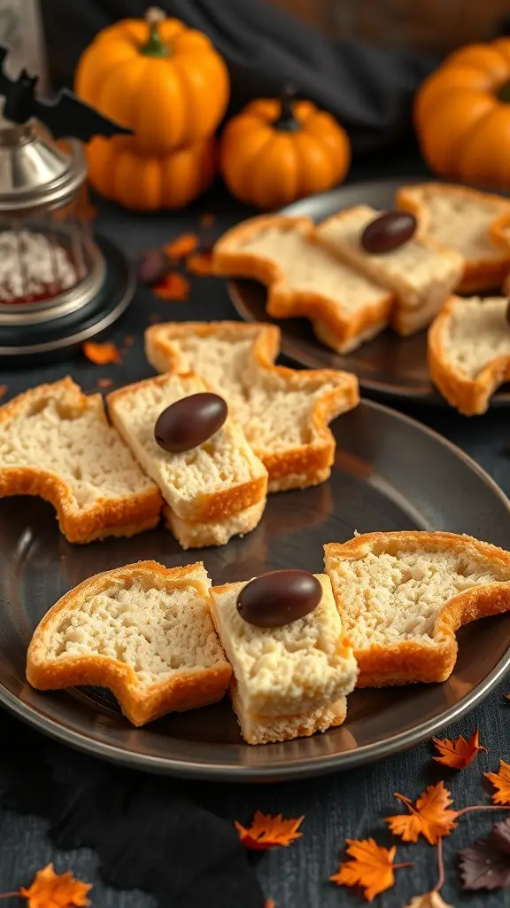 Bat-shaped mini sandwiches on a plate, decorated for Halloween