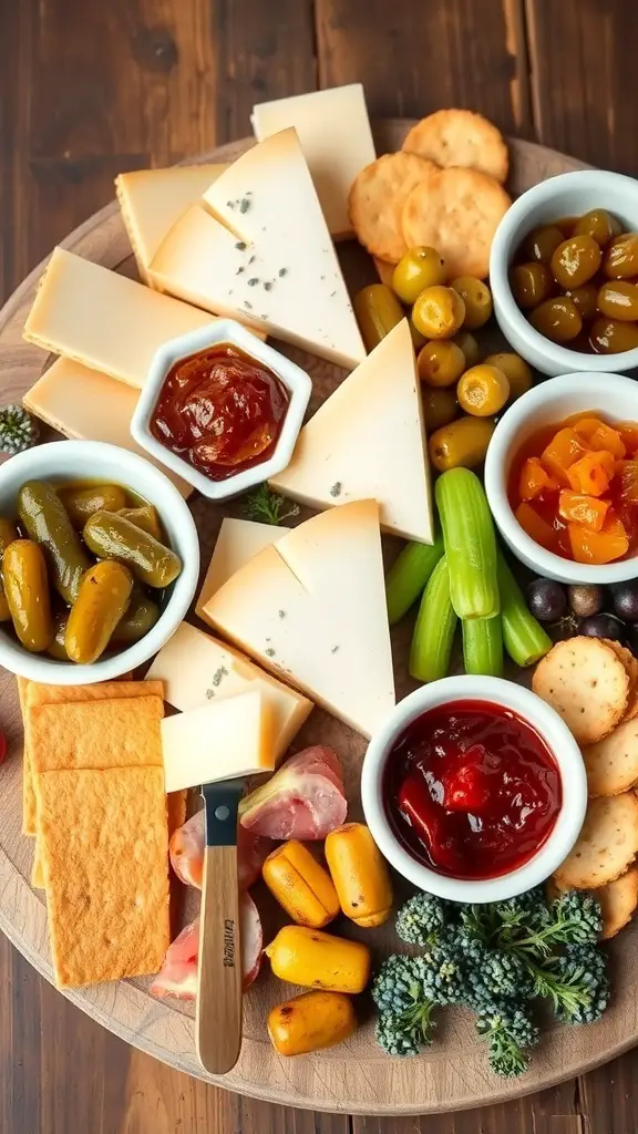 A beautifully arranged charcuterie board featuring cheeses, pickles, jams, and crackers.