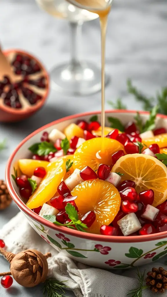 A colorful bowl of Pomegranate and Citrus Salad with oranges, pomegranate seeds, and lemon slices.