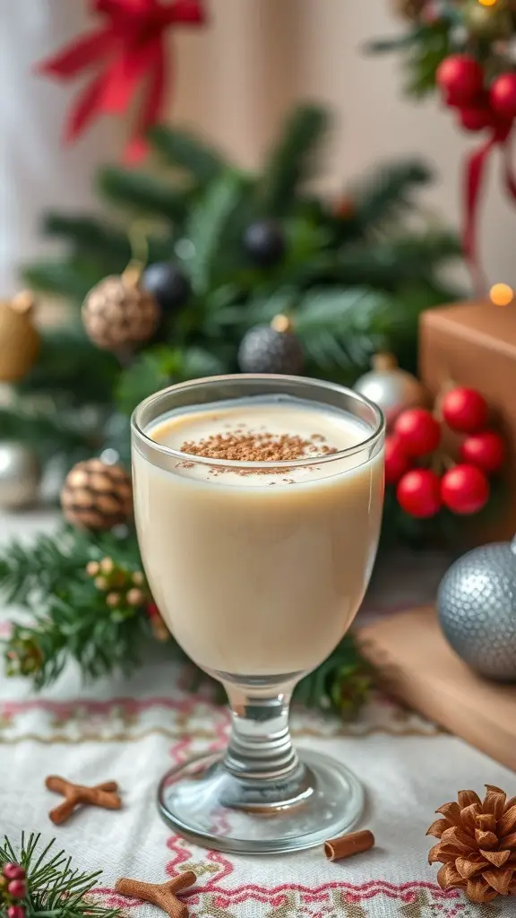 A glass of eggnog topped with nutmeg, surrounded by Christmas decorations.