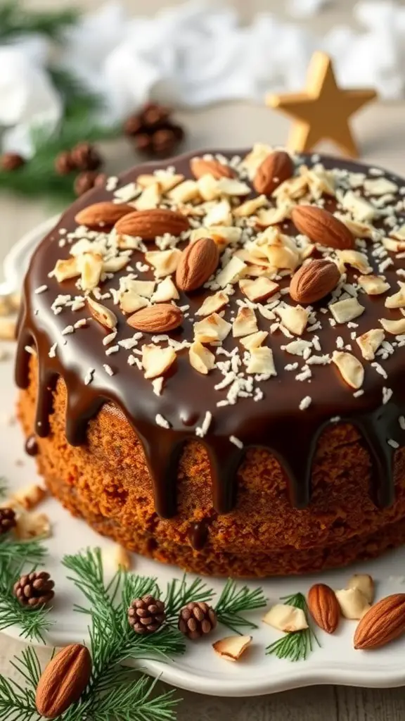A beautifully decorated Almond Joy Cake with chocolate glaze, almonds, and coconut on top.