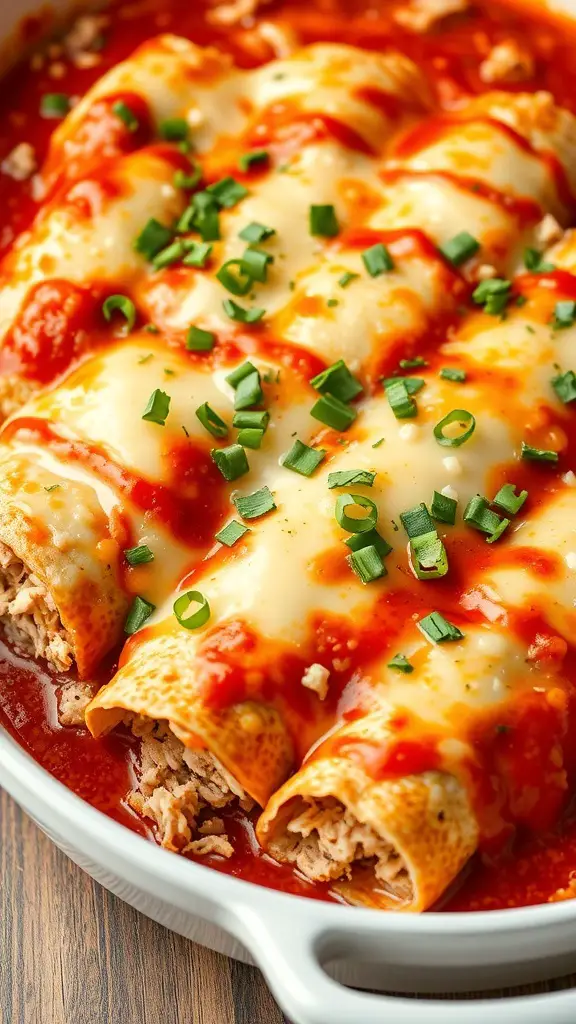 A close-up of spicy turkey enchiladas topped with cheese and green onions in a baking dish.