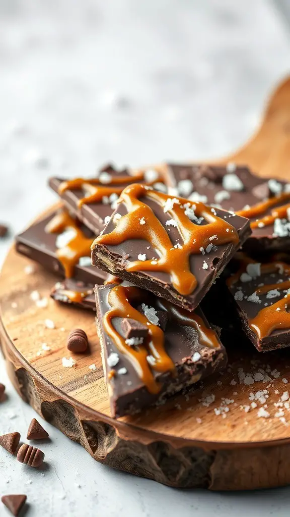 Salted caramel milk chocolate bark on a wooden board