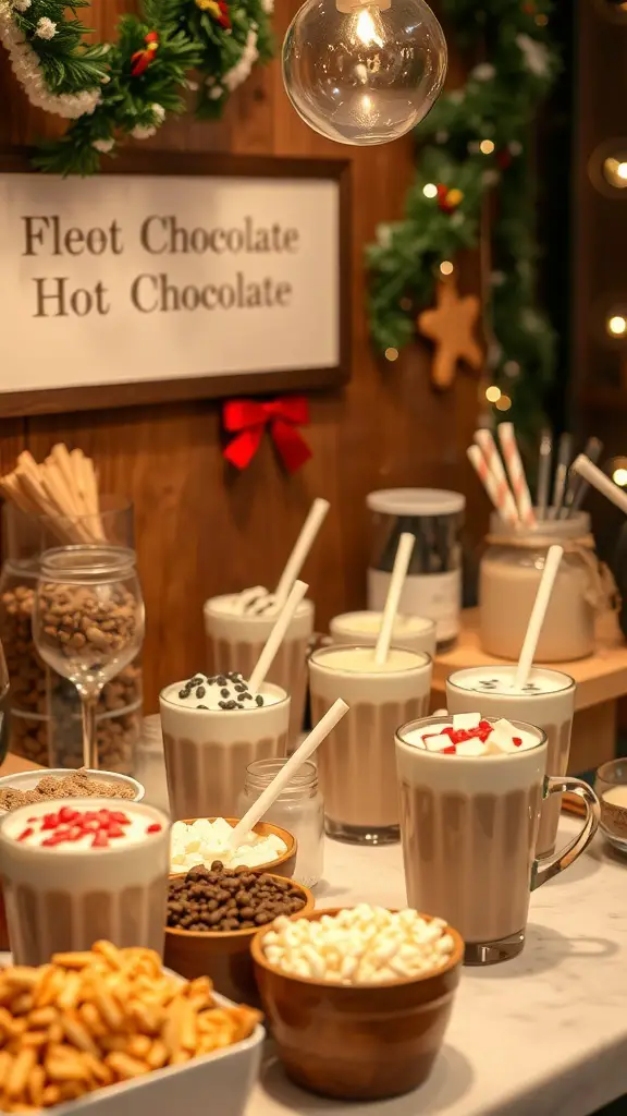 A beautifully arranged hot chocolate bar with various toppings and drinks.