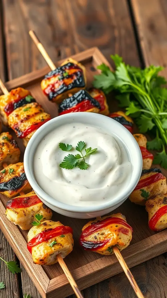 Grilled chicken skewers with colorful bell peppers served with a creamy yogurt dip