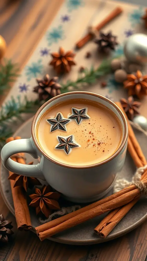A cup of Vanilla Chai Tea topped with star anise and cinnamon sticks, surrounded by festive decorations.