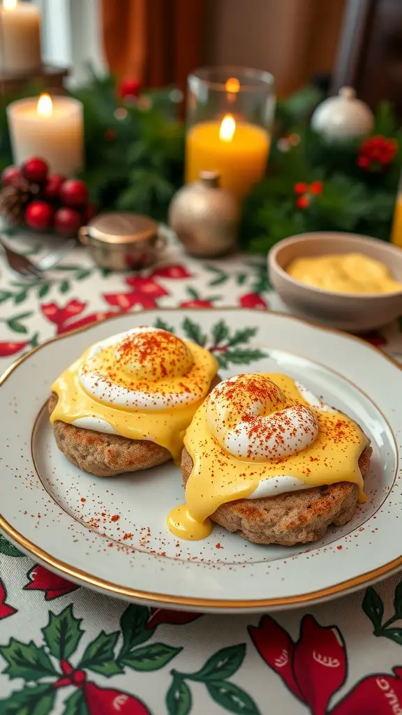 A plate of Eggs Benedict with hollandaise sauce, garnished with paprika, surrounded by festive decorations.
