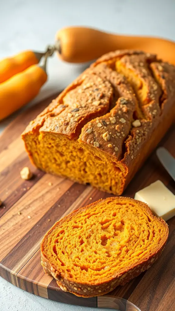 A loaf of butternut squash bread sliced on a wooden board with a pat of butter beside it.