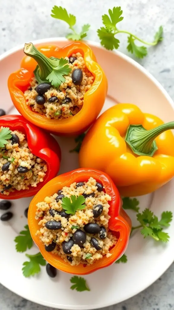 Colorful stuffed bell peppers filled with quinoa and black beans on a plate