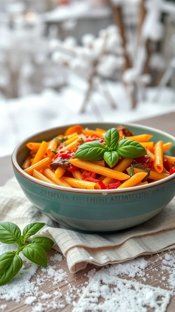 A bowl of roasted vegetable penne arrabbiata garnished with fresh basil, set against a snowy background.