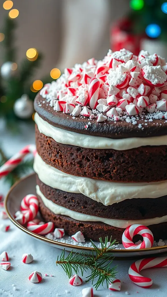 A three-layer chocolate cake topped with crushed peppermint candies and white frosting, set against a festive background.