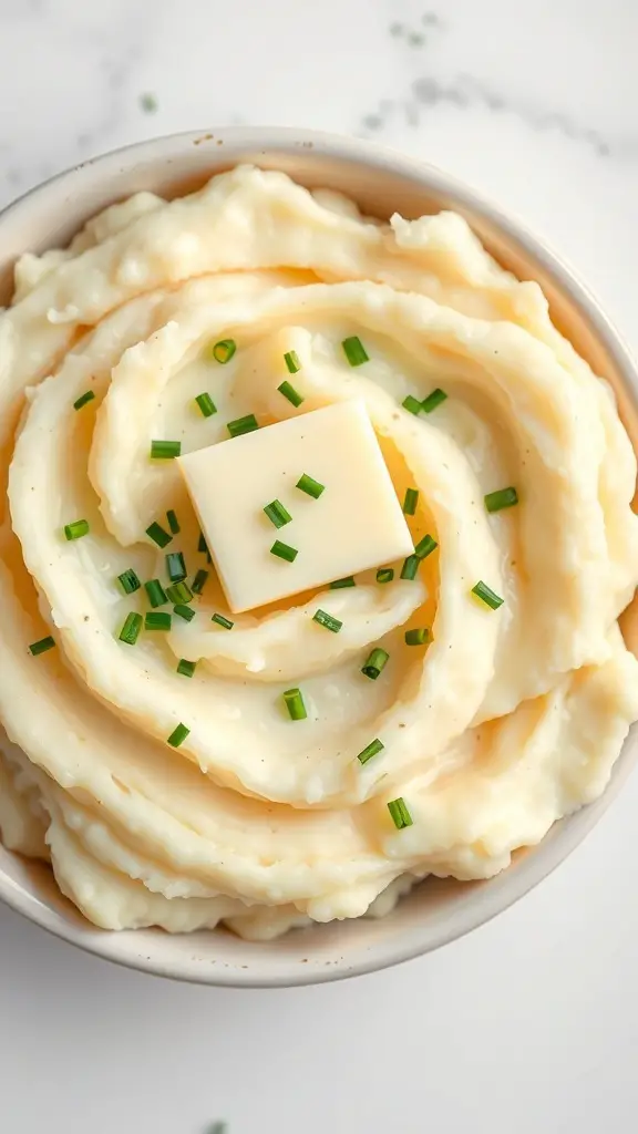 A bowl of creamy garlic mashed potatoes topped with a pat of butter and chives.