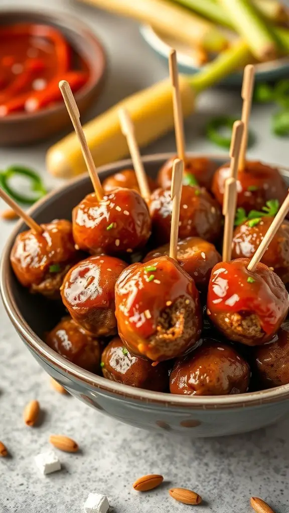 A bowl of sweet and spicy meatballs with toothpicks, garnished with green onions and served with dipping sauce.