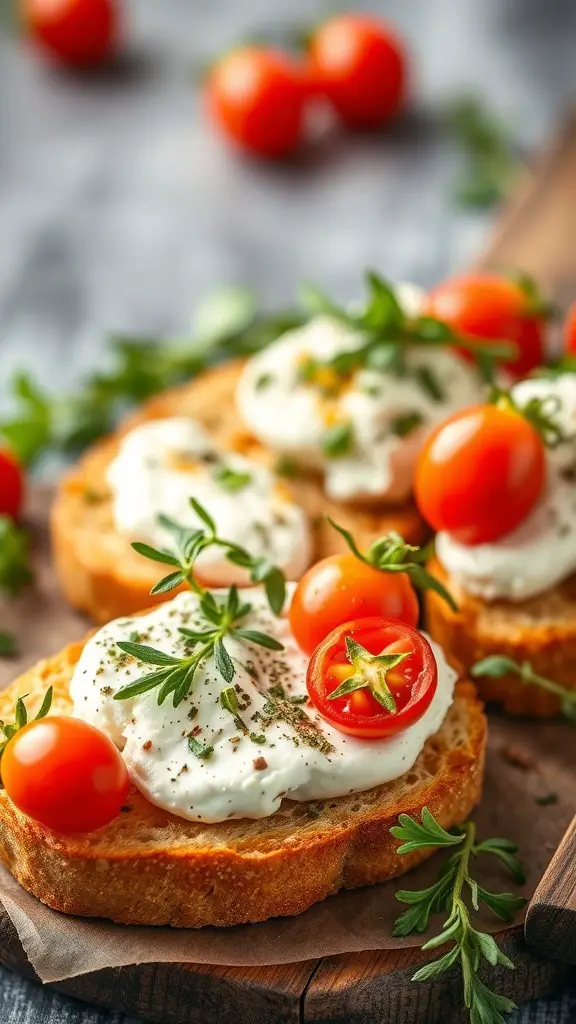 Herbed goat cheese crostini topped with cherry tomatoes and herbs on a wooden board.