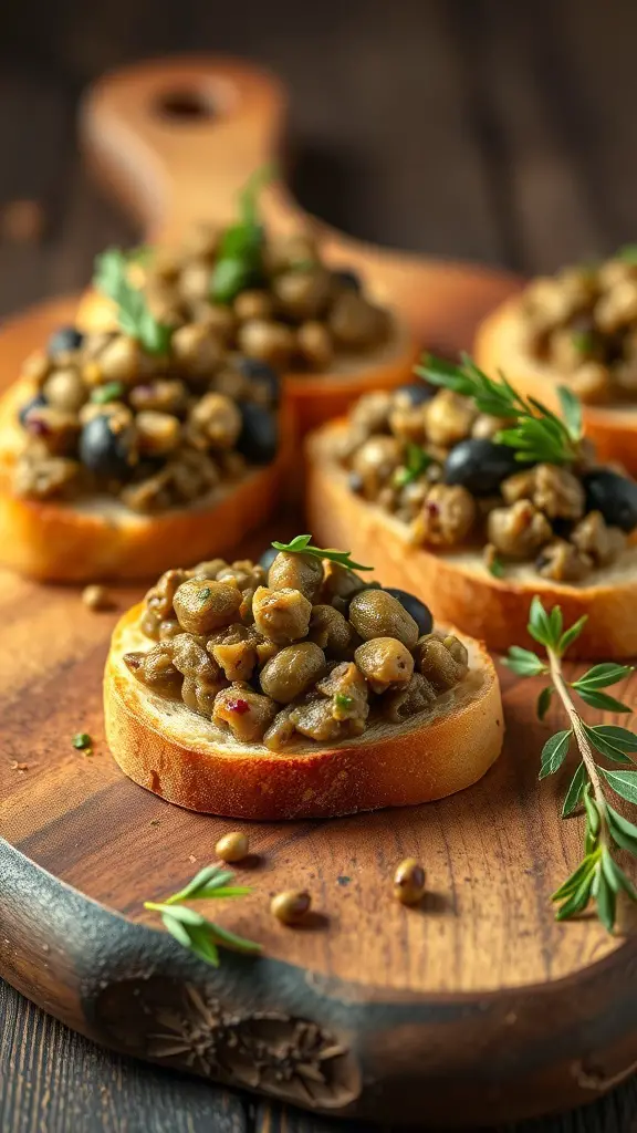 Crostini topped with olive tapenade on a wooden board