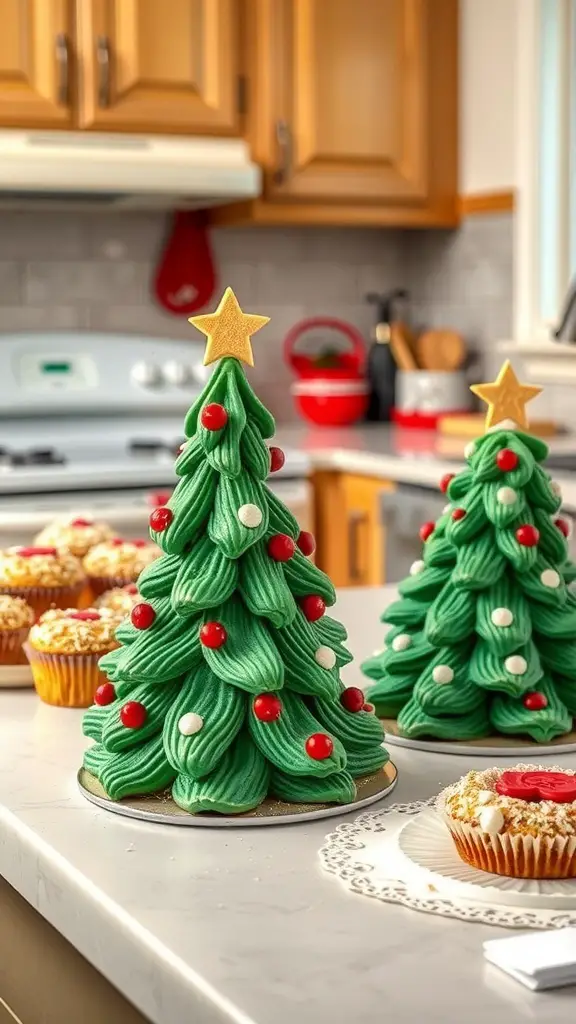 Two green Christmas tree cakes decorated with red and white candies, with cupcakes in the background.