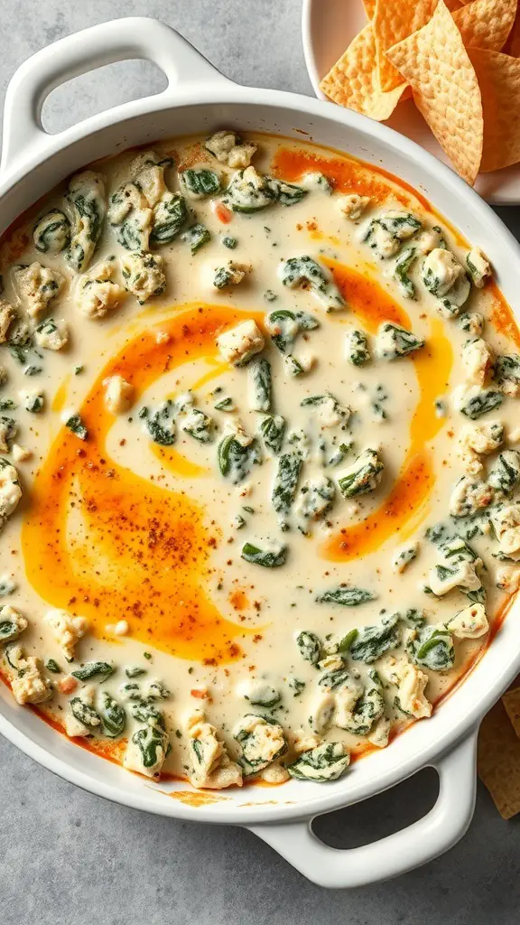 A creamy spinach and artichoke dip in a white dish, garnished with a swirl of red pepper and served with tortilla chips.