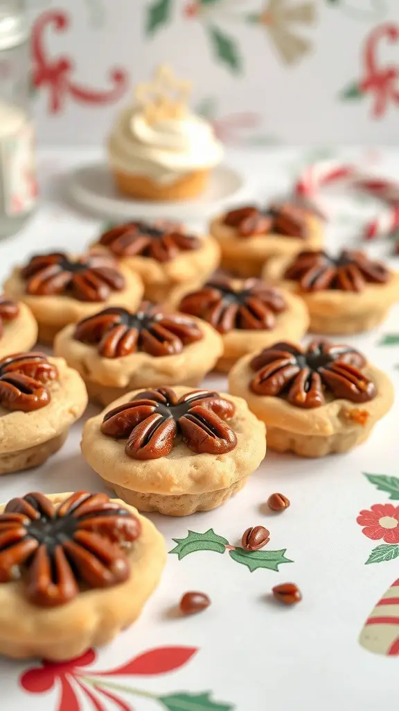 A close-up image of pecan pie cookies arranged on a festive background.