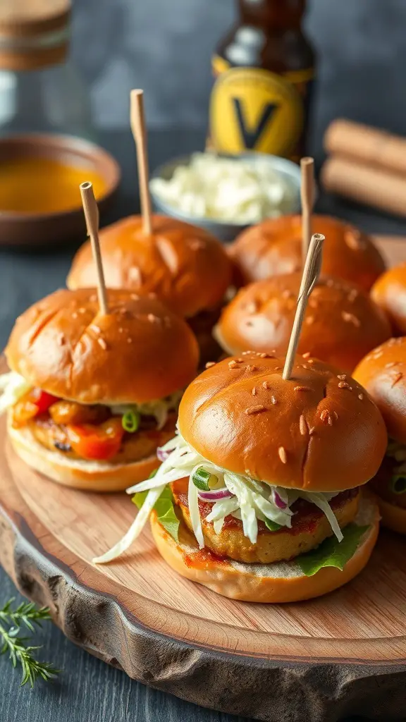 A platter of spicy turkey sliders with coleslaw, garnished with toothpicks.