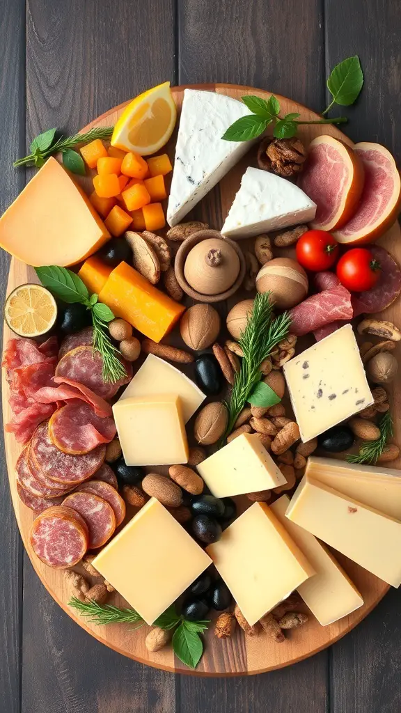 A beautifully arranged cheese and charcuterie board featuring various cheeses, cured meats, nuts, and fresh garnishes.