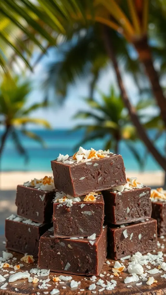 A stack of coconut dark chocolate fudge pieces topped with shredded coconut and orange zest, with a beach and palm trees in the background.