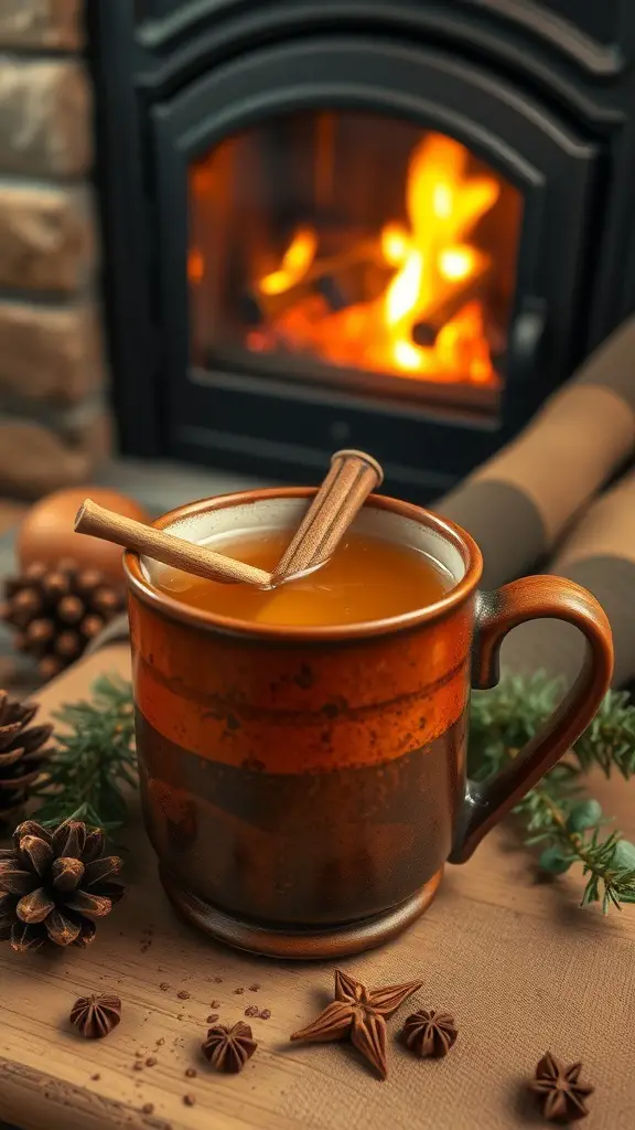 A warm mug of Nutmeg and Clove Hot Toddy by the fireplace, surrounded by pinecones and spices.