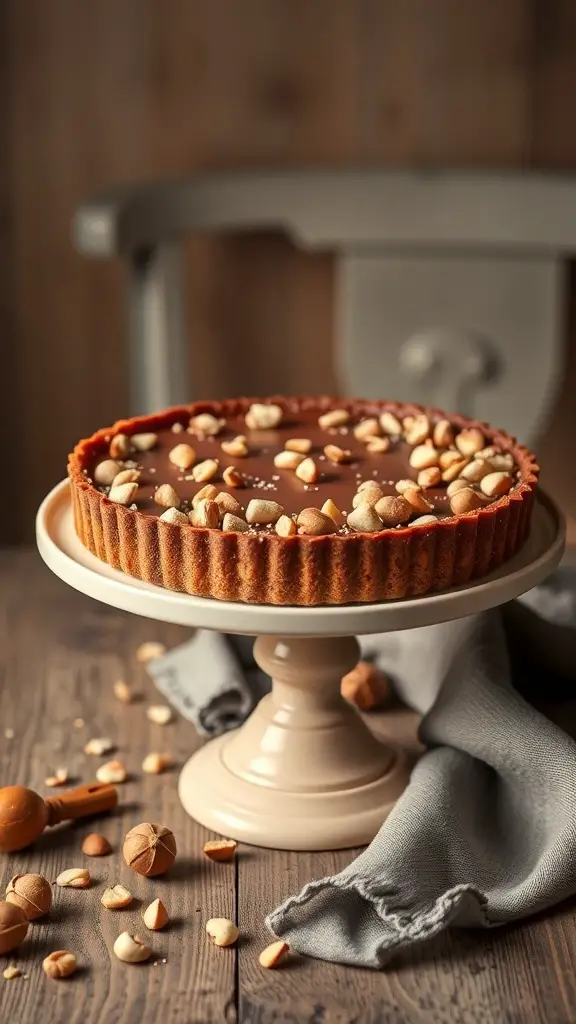 A delicious Chocolate Hazelnut Tart on a cake stand, topped with chopped hazelnuts.