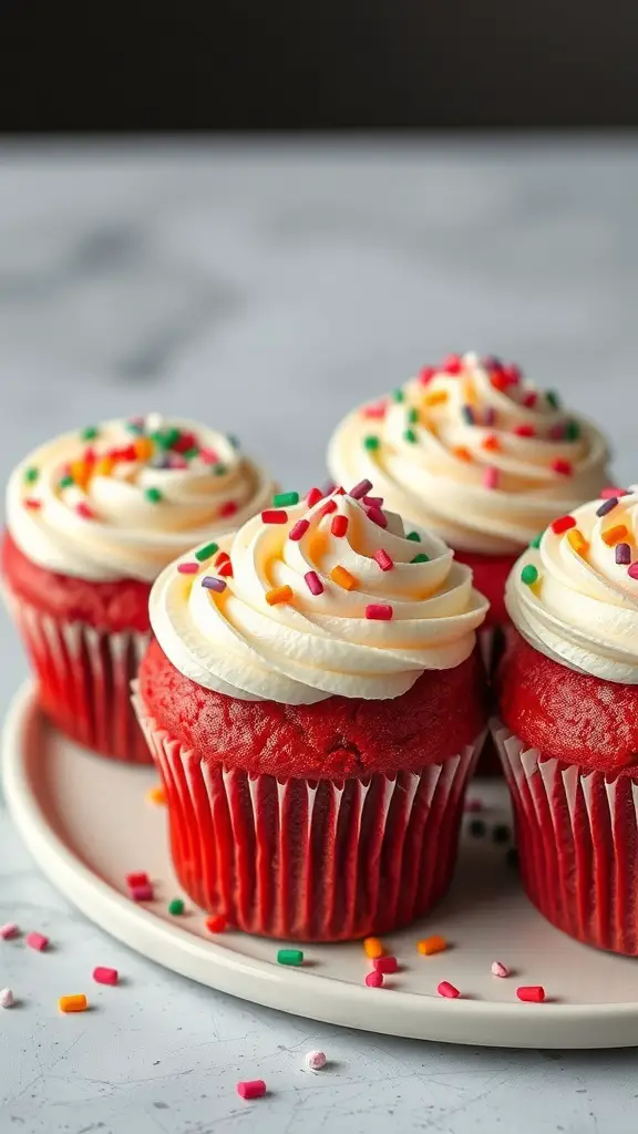 Four red velvet cupcakes with white frosting and colorful sprinkles on a plate.
