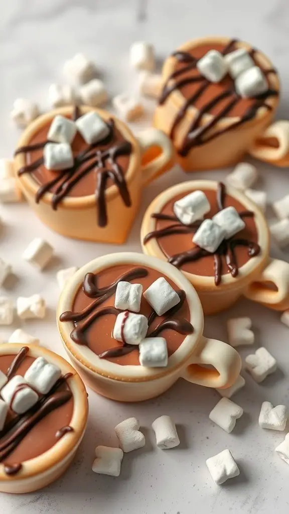 Hot cocoa cookies shaped like mugs with marshmallows and chocolate drizzle