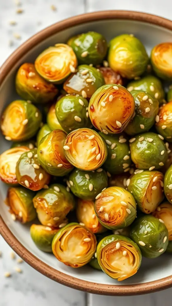 A bowl of maple glazed Brussels sprouts topped with sesame seeds.