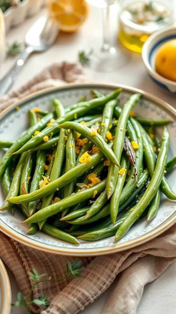 A plate of green bean almondine with lemon zest, garnished with toasted almonds and lemon peel.