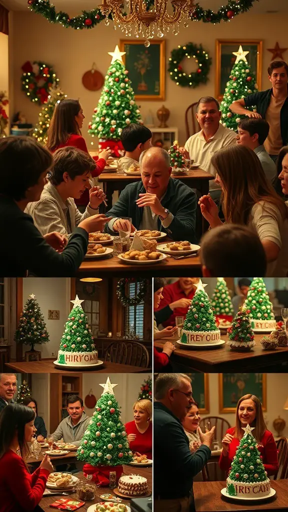 A festive gathering with a decorated Christmas tree cake at the center, surrounded by family enjoying holiday treats.