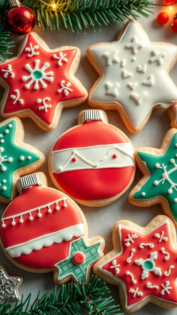 Decorated Christmas sugar cookies shaped like ornaments and stars