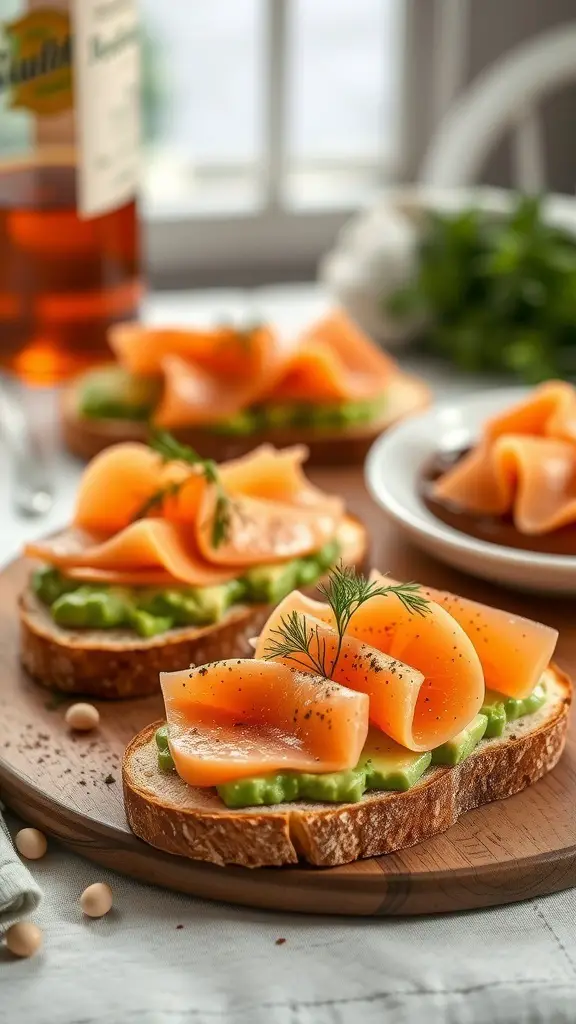 A wooden platter with slices of smoked salmon and avocado toast, garnished with dill.