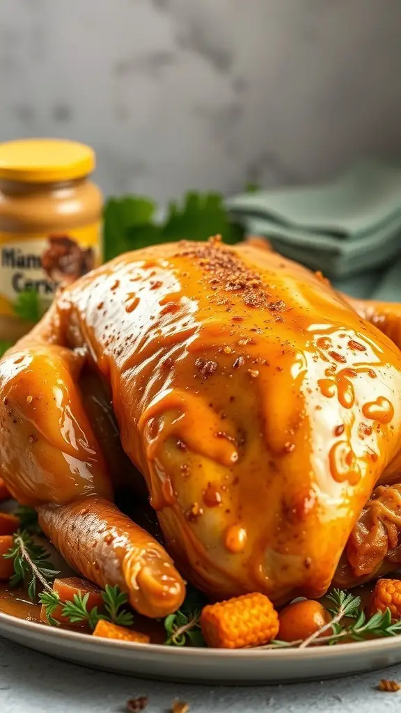 A beautifully glazed turkey with honey mustard sauce, garnished with vegetables and herbs.