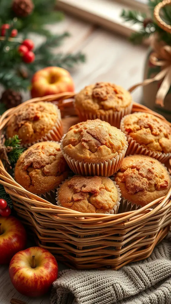 A basket of warm apple cinnamon muffins surrounded by fresh apples and festive decorations.
