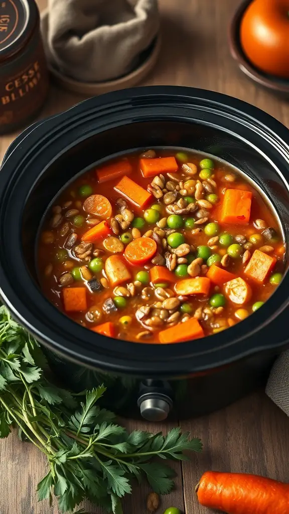 A hearty vegetable lentil stew in a black crockpot, featuring carrots, peas, and lentils.