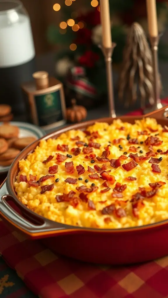 A delicious cheesy hash brown bake topped with crispy bacon, set on a festive table.