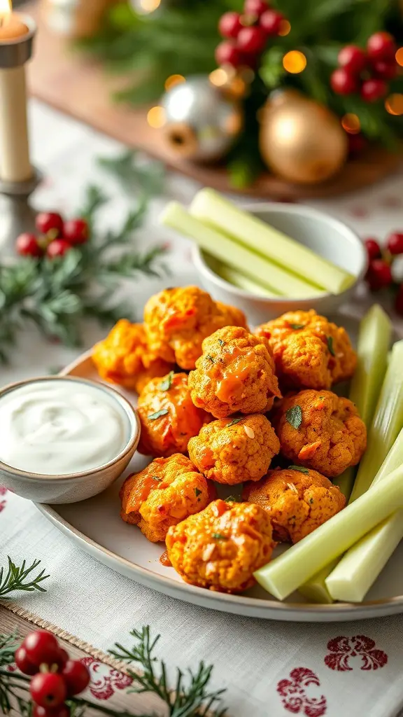 Plate of buffalo cauliflower bites with celery sticks and a creamy dip, decorated for Christmas