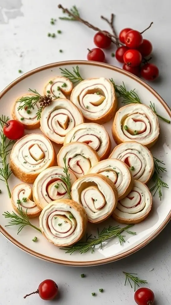 A plate of herbed cream cheese pinwheels garnished with cherry tomatoes and herbs.