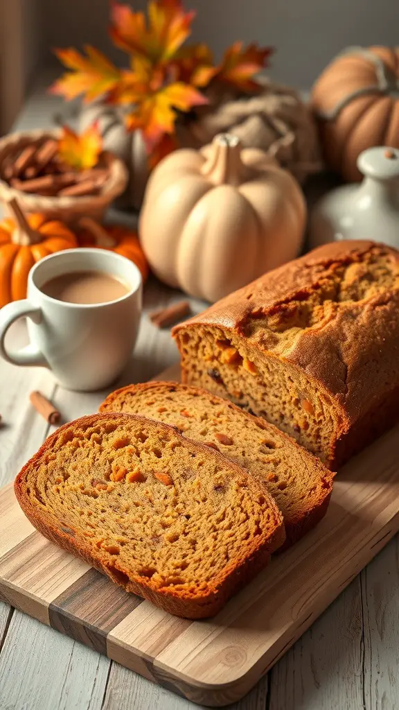A loaf of pumpkin spice bread sliced on a wooden board, surrounded by pumpkins and autumn leaves.