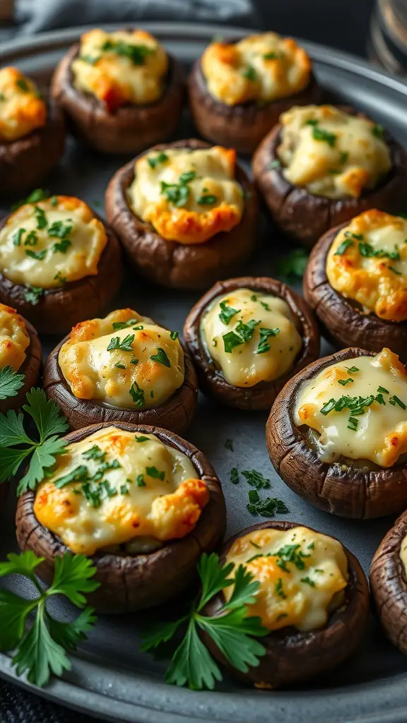 A platter of savory stuffed mushrooms topped with herbs, showcasing a delicious appetizer for Friendsgiving.