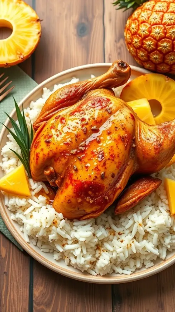 A plate of pineapple-glazed turkey served with coconut rice and pineapple slices.