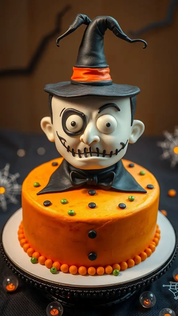 A cake designed as the Mayor from The Nightmare Before Christmas, featuring a two-faced design with vibrant orange frosting and a whimsical hat.