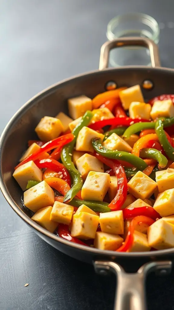 A pan filled with colorful paneer and bell pepper stir-fry