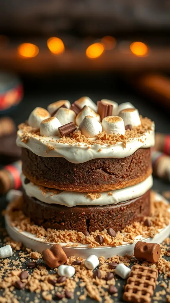 A delicious S'mores Winter Campfire Cake with layers of chocolate cake, marshmallow frosting, and topped with mini marshmallows and chocolate pieces.