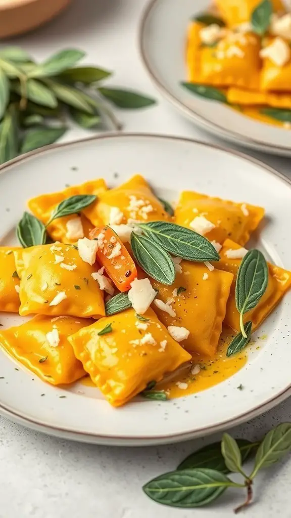 A plate of butternut squash ravioli garnished with sage leaves and cheese.