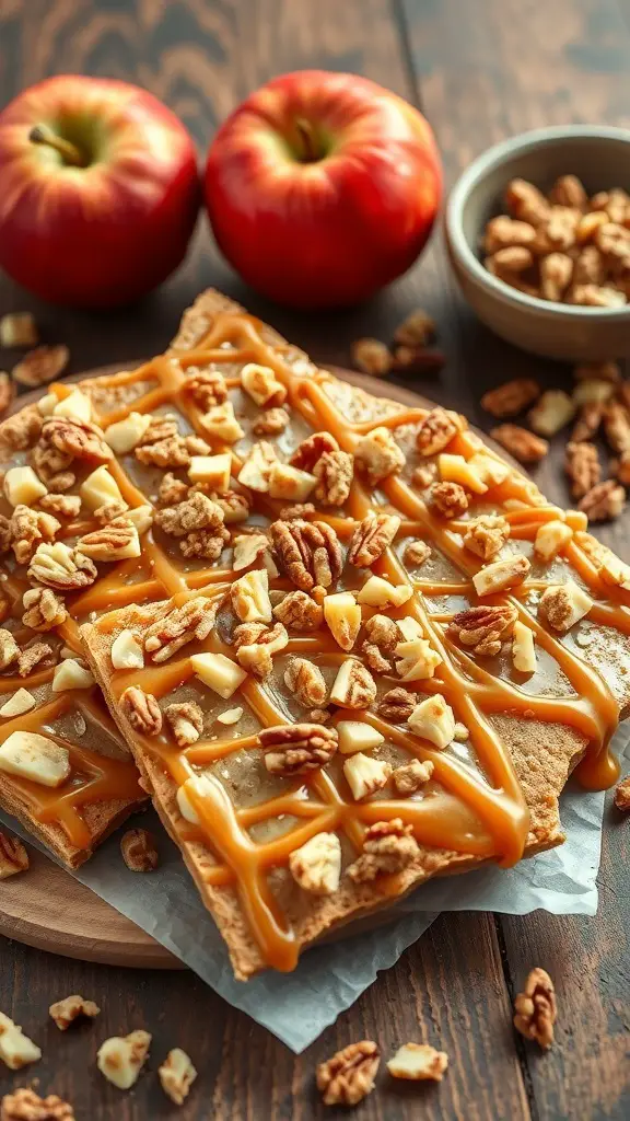 Delicious caramel apple cracker bark topped with nuts and apples