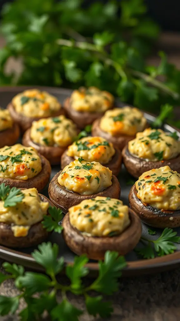 A platter of savory stuffed mushrooms topped with cheese and parsley