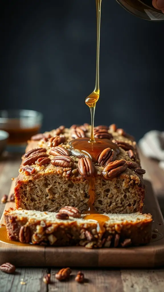 A loaf of maple pecan bread with syrup drizzling over it, showcasing pecans on top.